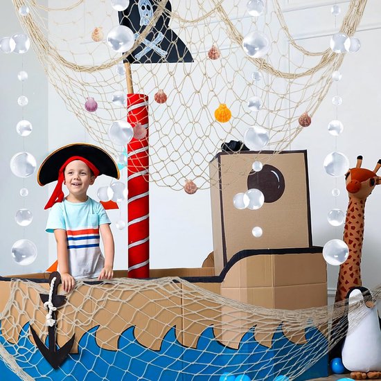 Vissersnet decoratie, natuurlijk visnet, feestdecoraties voor maritieme decoratie, zeemeermin piraten, feest, bruiloft, verjaardagsfeest, katoenen visnet met schelpen, blaas, slingers, beige