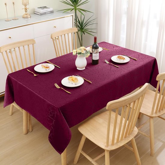 Tafelkleed afwasbaar, rechthoekig, 140 x 180 cm, polyester, tafelkleed, jacquard, tafellinnen, ornamenten, vuilafstotend, onderhoudsvriendelijk, wijnrood