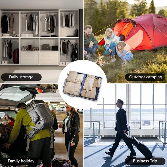 Kofferorganizer, 9-delige set, multifunctionele reis-kledingtassen, waterdicht, pakkubus, compressible voor vakantie, met schoenentas, make-uptas, paktassen, beige