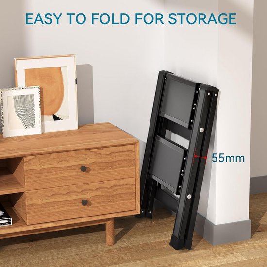 Trapladder, 2 treden inklapbaar aluminium vouwtrap, trapladder met breed anti-slip pedaal, draagbare vouwladder, opvouwbaar, huishoudelijk opstap, lichte staande ladder tot 150 kg, zwart