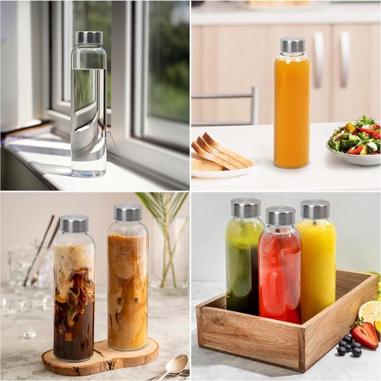 500 ml herbruikbare glazen waterfles met roestvrijstalen dop [verpakking van 6 stuks] - doorzichtige lekvrije drinkfles glazen set voor het sapen, voor warme en koude dranken en smoothies