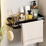 Doucheplank, doucheplank zonder boren, 2 stuks douchemandjes, douche-organizer met 4 kleefvlakken, 2 haken en 1 handdoekhouder, ruimte-aluminium, roestvrij, zwart