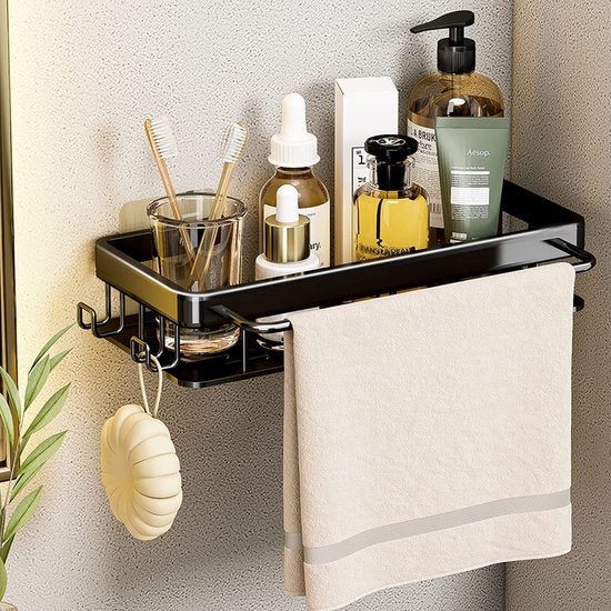 Doucheplank, doucheplank zonder boren, 2 stuks douchemandjes, douche-organizer met 4 kleefvlakken, 2 haken en 1 handdoekhouder, ruimte-aluminium, roestvrij, zwart