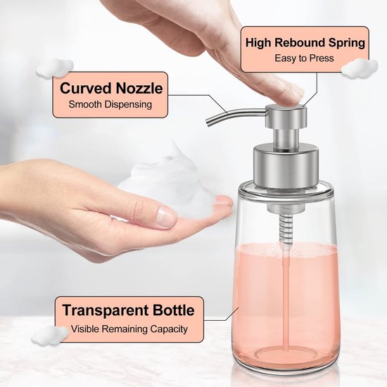 Glazen schuimende zeepdispenser, 450ML helder glas zeepdispenser met roestvrijstalen pomp voor shampoo, conditioner, schotel zeep, handzeep gel