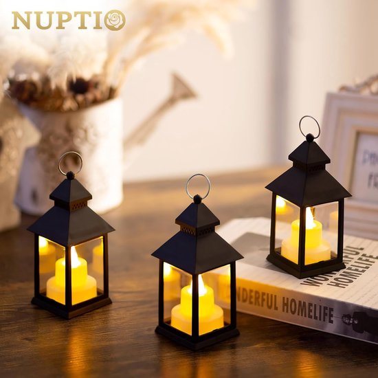 Kleine lantaarn Halloween decoratie: 10 stuks flikkerende led-theelicht kaarsen mini lantaarns set zwart hangend buiten binnen met Marokkaanse tuin Kerstmis tafel woonkamer buiten ramadan