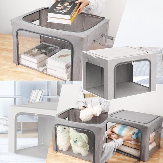 2 stuks opbergdozen voor kleding, opvouwbare kledingopbergbox met metalen frame en 3 ramen, opbergtas voor dekbedden, dekens en kleding, grijs (66 liter)