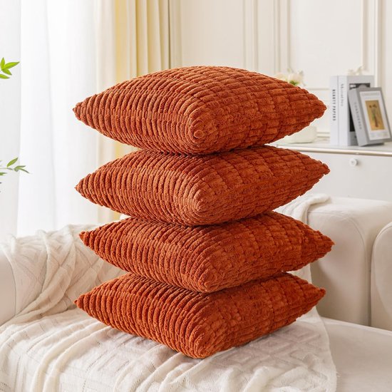 Set van 4 decoratieve kussenslopen, 40 x 40 cm, burnt oranje, corduroy fluwelen kussen, bankkussens, sierkussen, wollige kussenslopen, kussenhoes voor bank