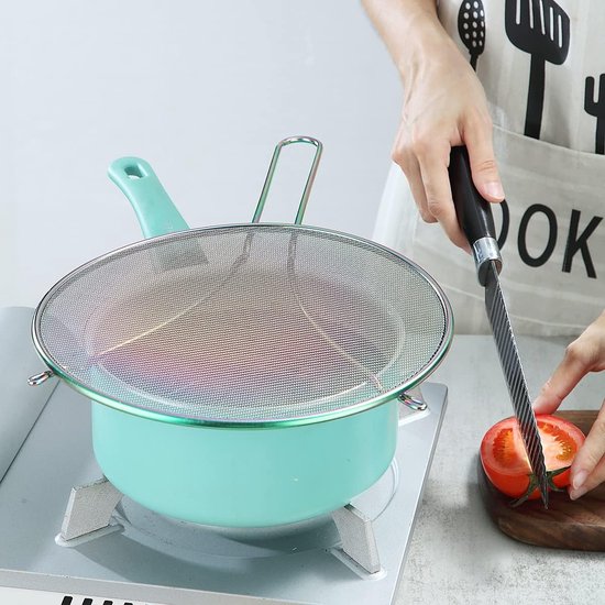 Rainbow spatscherm voor koken 9,8'', roestvrijstalen vetspatscherm voor koekenpan, fijnmazige spatscherm met voeten, comforthandvat, veilig kookdeksel, houdt de keuken schoon