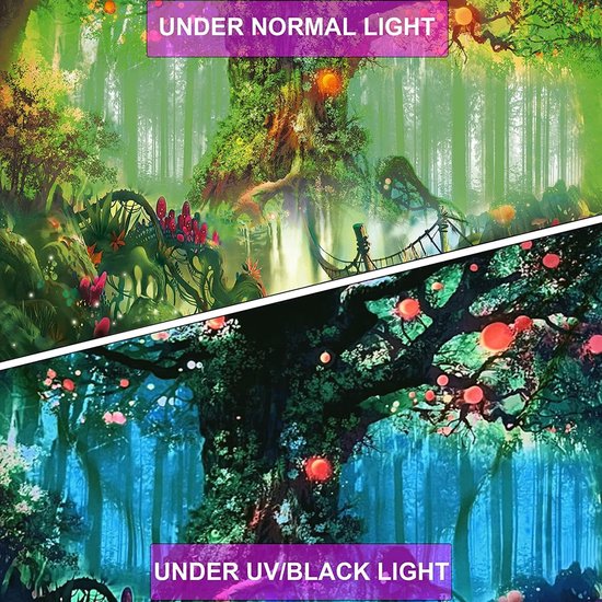Fantasierijk Zwart Licht Boomtapijt met Bosfee, Natuur en Magische Elfenmotieven, Muurophanging en Trippy UV-reactieve wandtapijten voor slaapkamer - 180 cm x 230 cm
