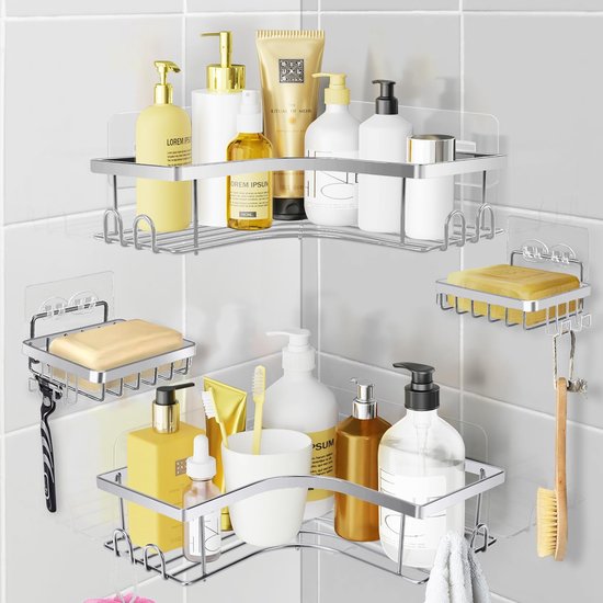 Douche- en badrekje, 2 grotere doucheplanken, 2 zeepschaalhouders en 8 haken aan de rand