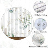 Eucalyptus Shower Curtain, Green Gold Leaves, Textile Shower Curtain, Anti-Mould, Waterproof, Polyester Fabric, Washable, Opaque, Bathroom Curtain with 12 Hooks, 180 W x 220 L cm