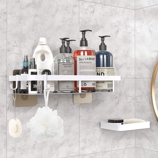 Douchewagen zonder boren, wit, afneembaar, waterdicht, badkamerplank met 2 beweegbare haken, badkamerplank, zeepbakje, aluminium badkamerorganizer voor binnendouche en keukenopslag