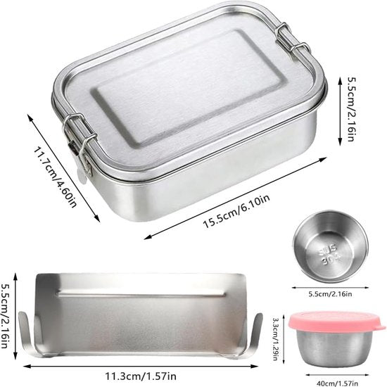 1-delige zilveren lunchbox met verdelers, 850 ml lunchbox, roestvrij staal en 2 stuks, 50 ml saladedressingcontainer, snackbox, roestvrijstalen sluiting voor picknicks, kamperen, scholen