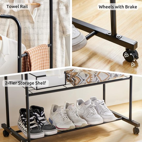 Kledingrek op wieltjes, stabiele kapstok van metaal, dubbele kledingstangen met 2 planken, belastbaar, industriële stijl, 82 x 51 x 155 cm, zwart