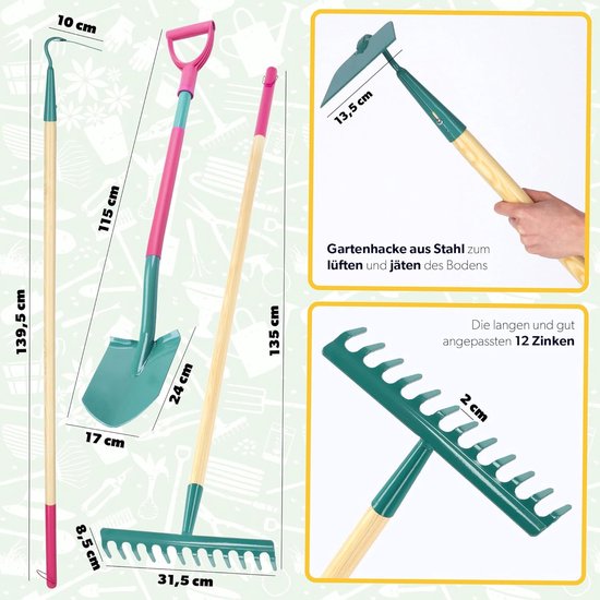 Tuingereedschapsset, set van 4 voor dames - metalen spade, hark en hak, tuingereedschap, inclusief handschoenen - tuinset, tuingereedschap