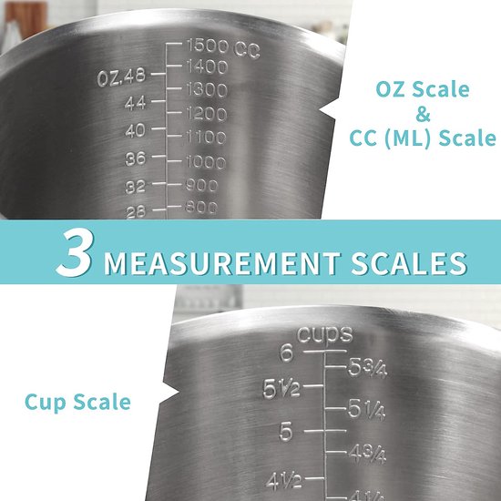 maatbeker van roestvrij staal, 1500 ml, 3 maat kommen, inclusief cup kom, ML kom, OZ kom, dubbele maatbeker, melkkannetje met markering met handgreep, maatkan melkkancher