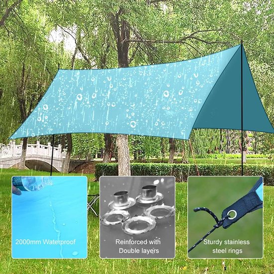 Tentzeil, waterdicht, 3 m x 3 m, camping, tarp, ultralicht, hangmat, luifel, waterdicht, tentzeil, Oxford-zeil, 2000 mm, regenbescherming, zonwering voor outdoor, reizen, strand, blauw