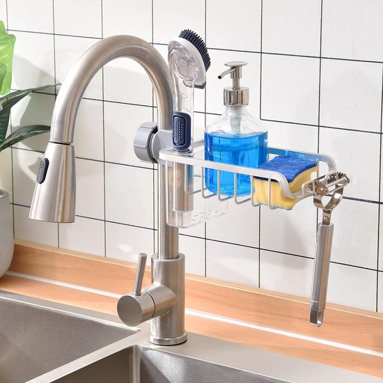 Waterkraan opbergrek, spoelorganizer aluminium, sponshouder keuken met afvoerkist, gootsteenorganizer, afdruiprek, gootsteen caddy organizer voor keuken, badkamer, toilet