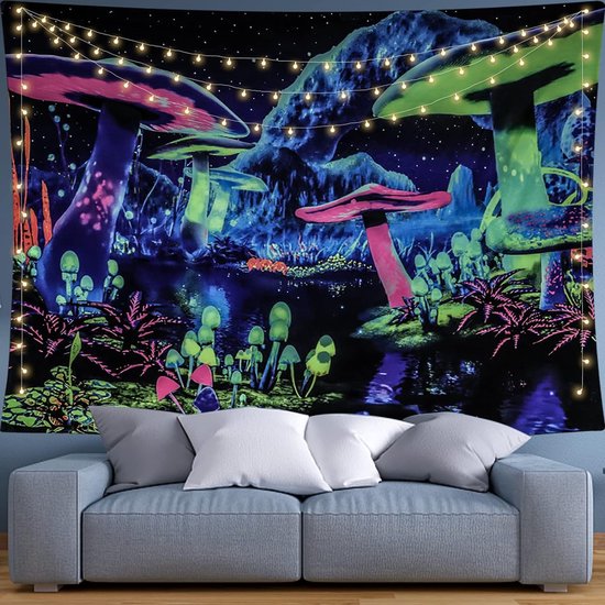 Blacklight Paddenstoel Wandtapijt Psychedelisch UV Reactief Melkwegstelsel Wandtapijt Muur Wanddoek Plant Landschap Wandtapijt Sterrenhemel Wandkleed voor Slaapkamer Thuis Decoratie