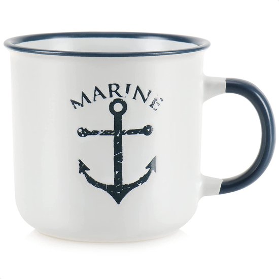 3 x keramische koffiemokken, maritieme koffiekopjes voor thuis en op kantoor, koffiepot voor koude en warme dranken [keuze varieert], 3 stuks, wit/blauw