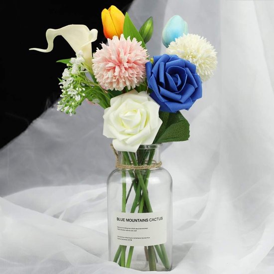 Artificial flowers, roses, 25 pieces of fake roses with stems, do-it-yourself, wedding, bouquets, bride, home decoration, ivory & blue.