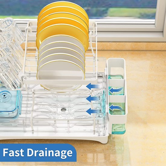 Afdruiprek, afneembaar 2-laags afdruiprek en afdruipplankset, grote inhoud, met gebruiksvoorwerpenhouder, bekerframe voor het aanrecht, wit