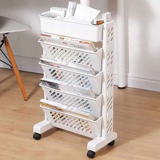 Boekenkast, boekenkast, draaibaar, beweegbaar boekenrek met grote capaciteit, afneembaar praktisch rollend organisatierek van kunststof, multifunctionele rolwagen (5 lagen)