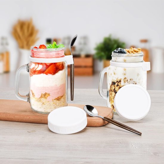 450 ml yoghurtbekers, Overnight Oats-glazen, 2 stuks Overnight Oats-containers met maatmarkeringen, Mason-potten met deksel voor Cereal On The Go-container, glazen ontbijtgranenbeker voor onderweg met lepel