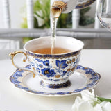 Blauwe bloem Fine Bone China theekopset, vintage porseleinen koffiekop en schotel, 200 ml