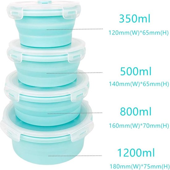 Collapsible Food Storage Containers, Silicone Bowls with Plastic Lids - Round Set of 4 - Microwave&Freezer Safe, for Kitchen and Camping