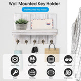Sleutelrek met plank, houten sleutelrek, decoratieve houten wandplank, met 5 sleutelhaken, voor entree, hal, slaapkamer, woonkamer, antiek wit