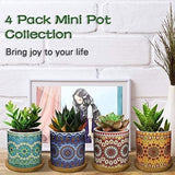 Keramische vetplantenpotten, 4 stuks, 7 cm, cactusplant, potten, mini-bloempottenset met bamboe onderzetter, miniatuurplantencontainer, decoraties voor thuis, kantoor, balkon, Mandala 01 kleurrijk