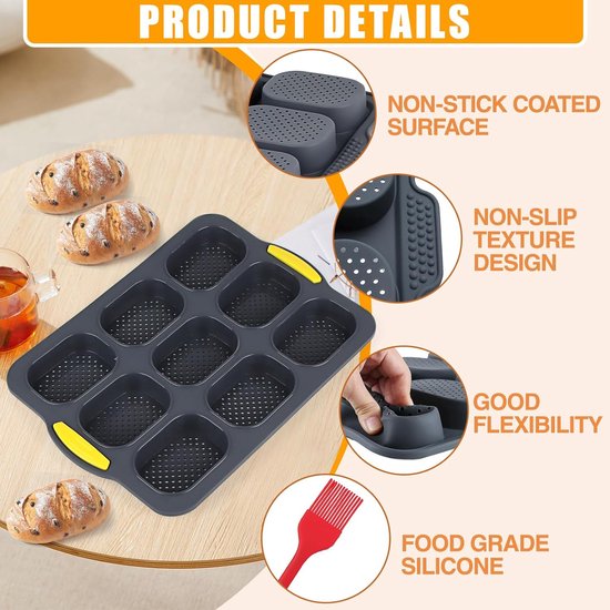 Siliconen bakvorm, stokbrood bakvorm met 9 gaten, anti-aanbak siliconen vorm bakvormen, siliconen bakvorm lade voor brood, broodjes (zwart