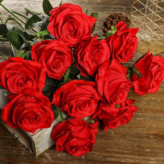 Rozen, Kunstbloemen, realistic enkele steel, bloemen, zijde, rozenboeket voor bruiloften, feest, kantoor, woondecoratie, rood, 12 stuks