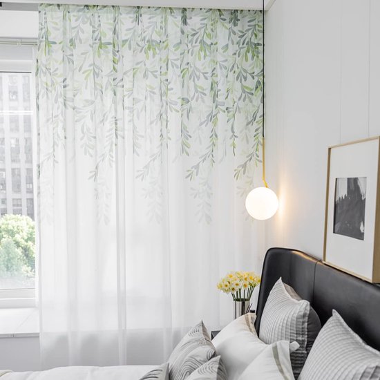 Gordijngordijn, bladeren, bedrukt, winkel, gordijnen, semi-transparant, stof, voile, vouwgordijn, lichtdoorlatend, raamgordijn, met inslagringen, zacht (1 stuk)