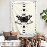 Vlinder wandtapijt, zwart en wit, wandtapijt, maanfase, trippy, psychedelische buttefly, wanddoek, muurkunst, decoratie voor slaapkamer en woonkamer, 130 x 150 cm