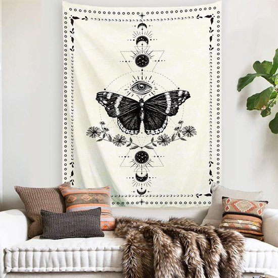 Vlinder wandtapijt, zwart en wit, wandtapijt, maanfase, trippy, psychedelische buttefly, wanddoek, muurkunst, decoratie voor slaapkamer en woonkamer, 130 x 150 cm