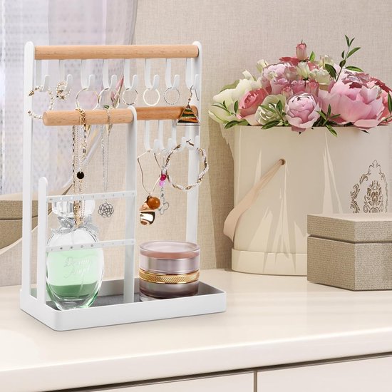 Sieradenstandaard, sieradenhouder, oorbel, opbergen, kettingstandaard, sieraden, halskettingen, opbergen, sieradenstandaard met opbergbasis voor halskettingen, armbanden, ringen, wit