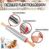 Deegroller van roestvrij staal, 43 cm grote deegroller met houten handgrepen + bakmat, siliconen met afmetingen, anti-aanbak, bakaccessoires voor bakken, fondant, pizza, cake, pasta en