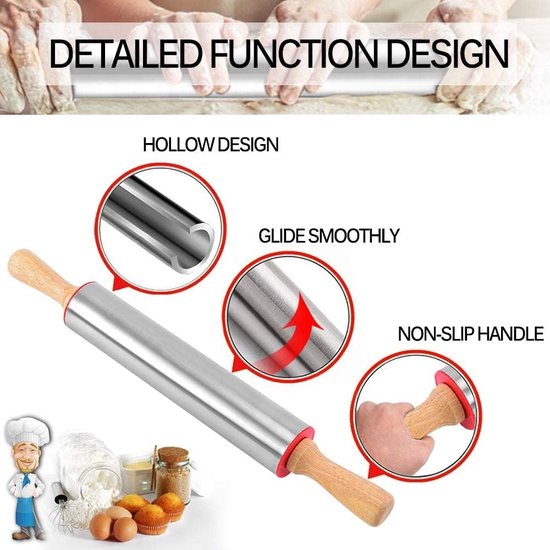 Deegroller van roestvrij staal, 43 cm grote deegroller met houten handgrepen + bakmat, siliconen met afmetingen, anti-aanbak, bakaccessoires voor bakken, fondant, pizza, cake, pasta en