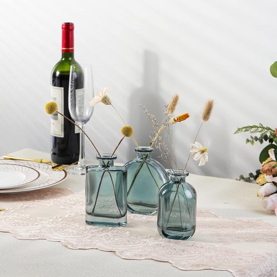 Blauw-groene set van 3 kleine glazen vazen - kleurrijke bloemenvaas voor op het bureau - decoratieve knoopvaas voor thuis, kantoor, tafeldecoratie.