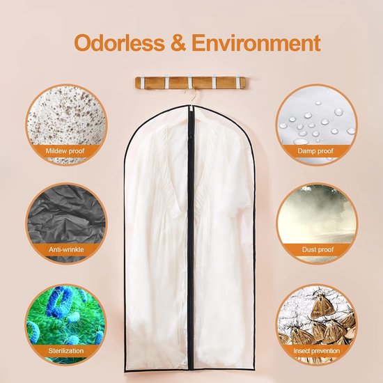 Kledingzakken, pak van 12 stuks, lang, 60 x 120/100 cm, zwarte rand, transparant, kostuumzak, kledinghoes, kostuumzak, avondjurk, bruidsjurk, mantels, overhemden, mottenbescherming, waterdicht, herbruikbaar