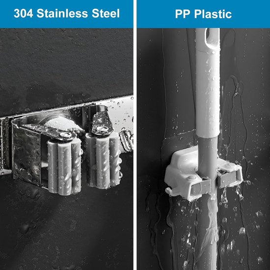 Bezemhouder muur, gereedschapshouder RVS met 2 houders en 3 haken, bezemsteelhouder, tuingereedschaphouder muur, muurbevestiging, bezemhouder voor badkamer, tuin, garage