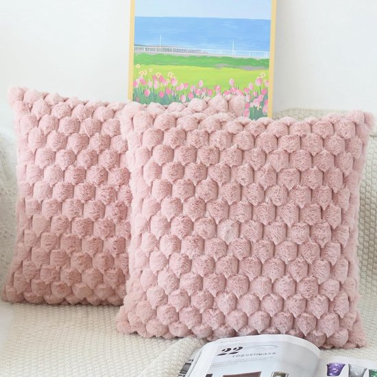 Pluizige kussenhoes, 50 x 50 cm, roze, set van 2, pluche decoratieve kussenhoezen, zacht gestreepte kussenhoes, luxe bont, decoratief kussen, bankkussen, knuffelige kussenhoezen, woonkamer