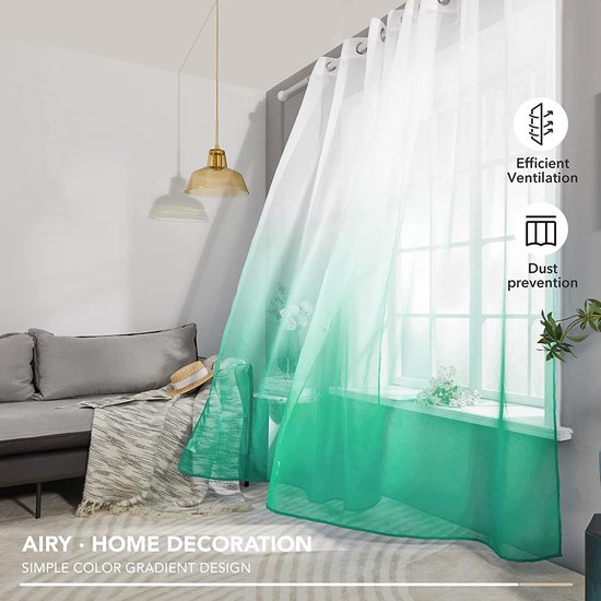 Voile Groen Gordijnen met Ringen 140 x 270 cm(Breedte x Hoogte), Kleurverloop Semi-Clear Transparante Gordijnen voor Woonkamer Slaapkamer Kinderkamer, Set van 2