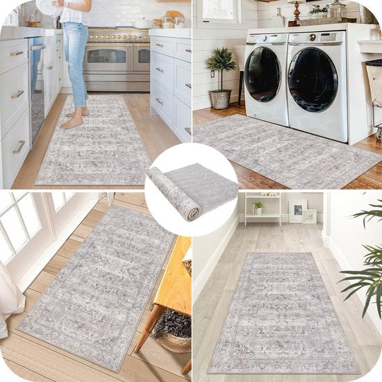 Vintage runnertapijten met rubberen rug, 65 x 180 cm, distressed gangtapijten, niet-morsend, Perzische vloer, tapijt, loper voor keuken, hal, badkamer, slaapkamer