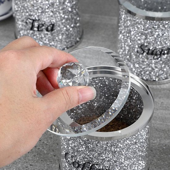 Set van 3 verpletterde diamanten potten met deksels voor suiker koffie thee - glazen containers voor keuken glas modern decor toonbankdecoratie