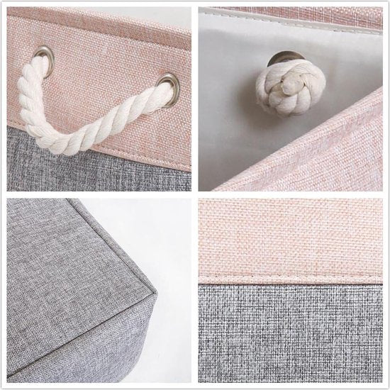 Grote opbergdoos, 3 stuks, stoffen opbergmand, met handgrepen, mand, opslag voor plank, kast, kinderkamer (grijs/roze, 42 x 32 x 25 cm)