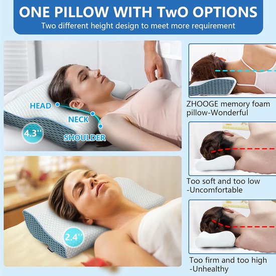Traagschuimkussen, hoofdkussen, nekkussen, orthopedisch slaapkussen, afneembaar ergonomisch nekkussen, verlicht hoofd, schouder en nekpijn, wit-blauw, 50 x 30 x 10/6 cm