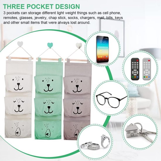 SCHYIDA 3 stuks hangende tas voor aan de muur, hangende opbergtas, hangende organizer met 3 halve cirkelvormige vakken, voor kinderkamer, badkamer, slaapkamer, grijs/groen/wit